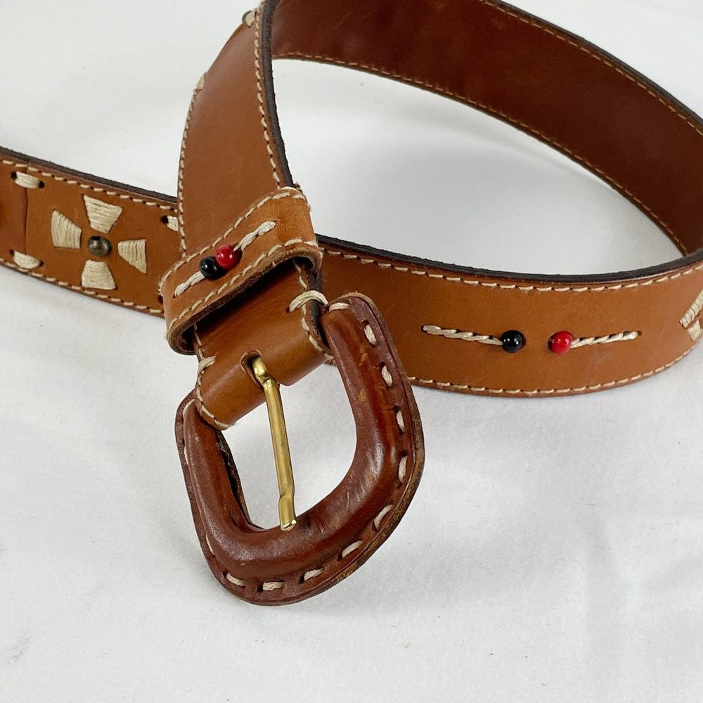 Vintage brown leather belt with beading stitching